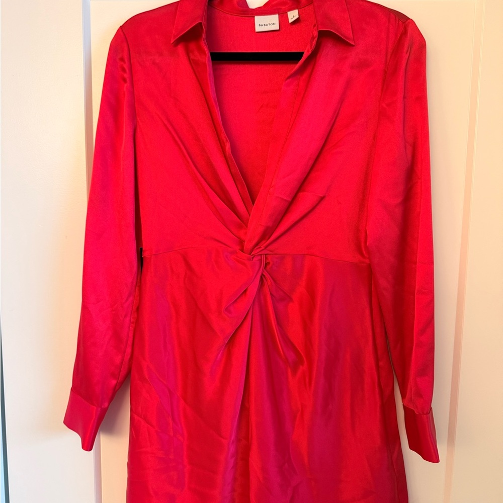HOT Pink Satin Long Sleeve Dress